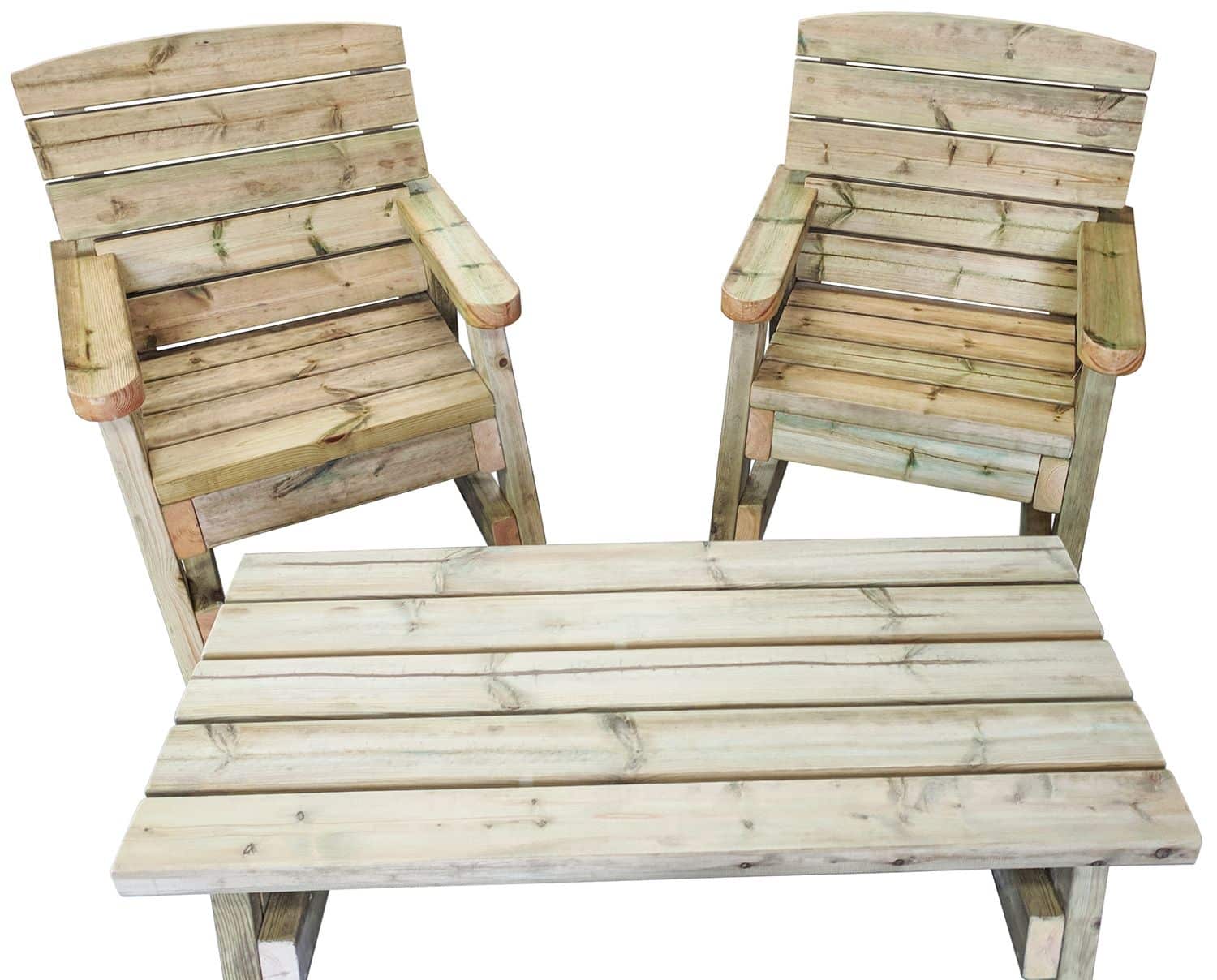 vue de face d'une table basse de jardin en bois et de deux chaises de jardin en bois