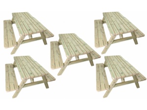 five wooden pub benches