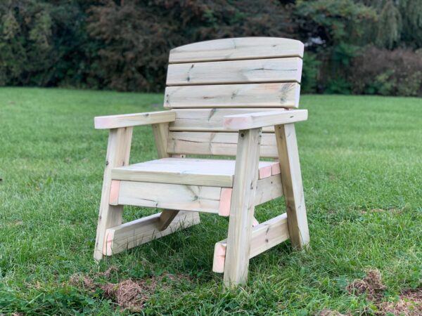 right side view of a single wooden garden chair