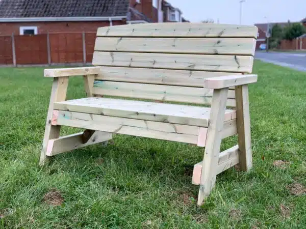 right hand view of two seater wooden garden bench