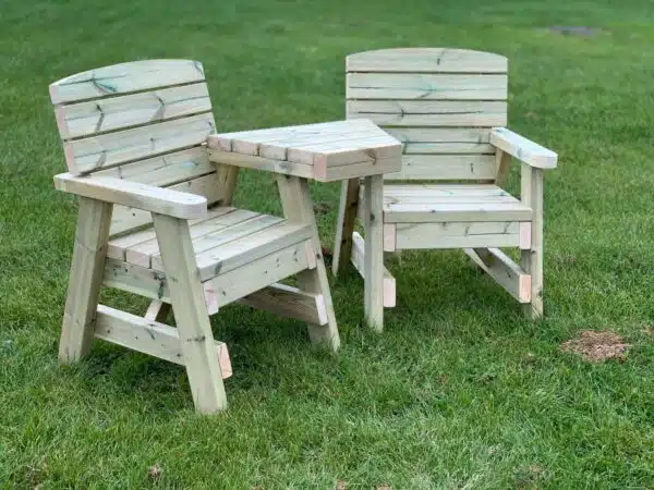 side view of a two seater wooden love seat