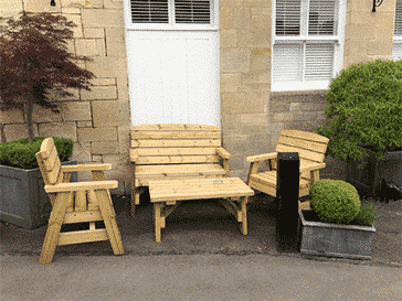 wooden outdoor coffee table and chairs