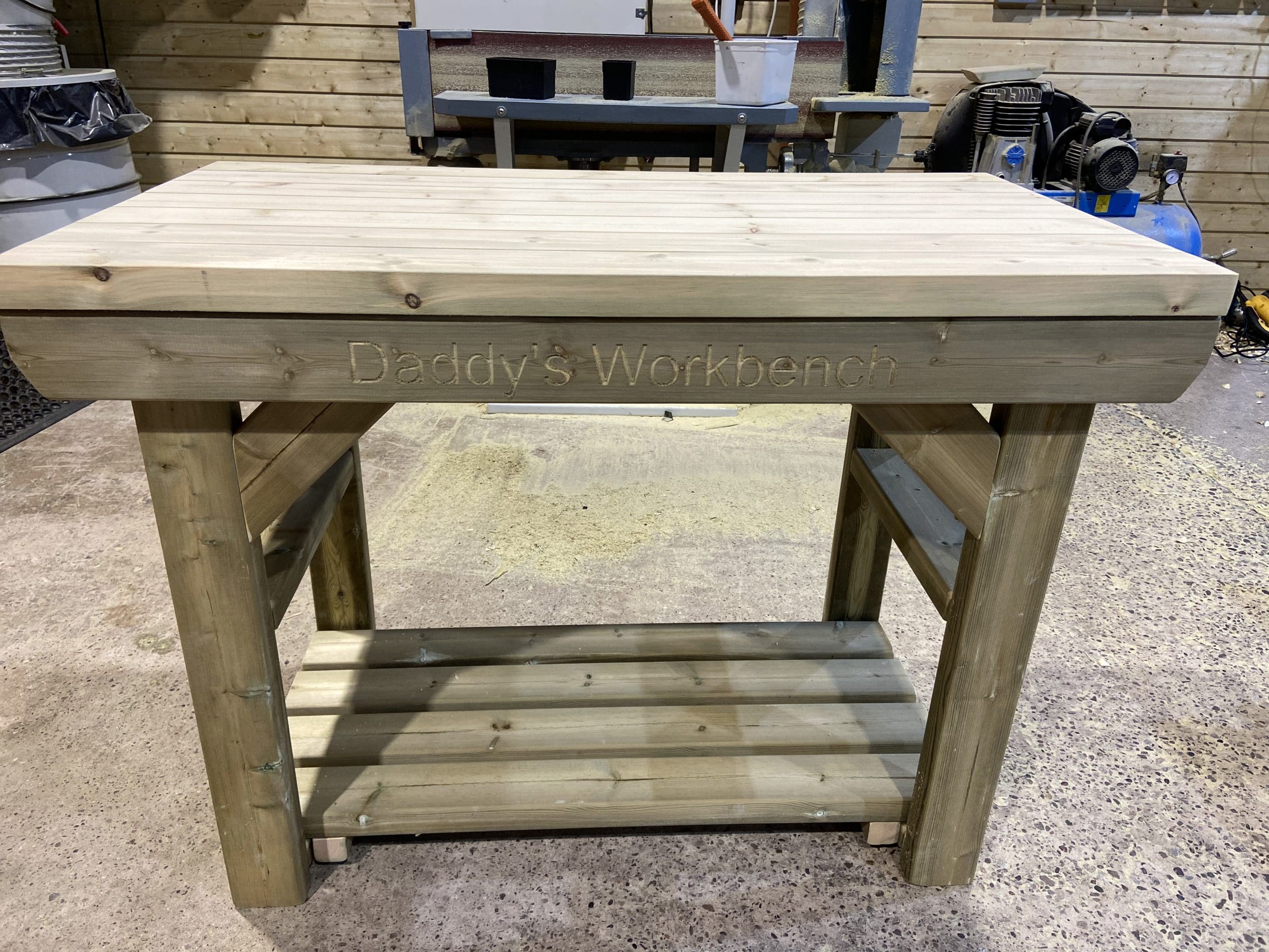 engraved wooden workbench