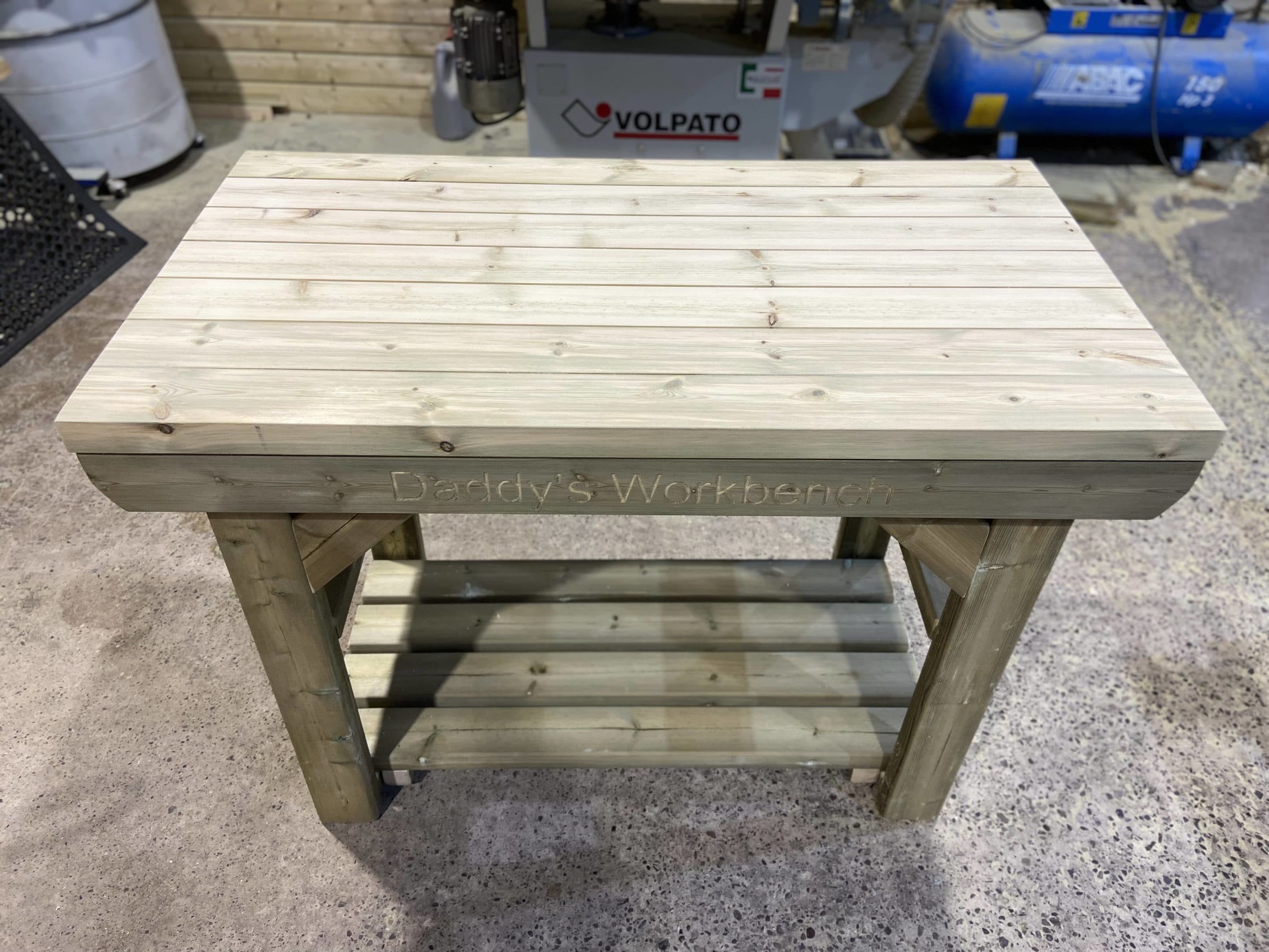wooden workbench with engraving