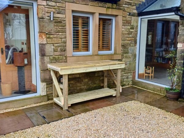 Wooden workbench placed outside