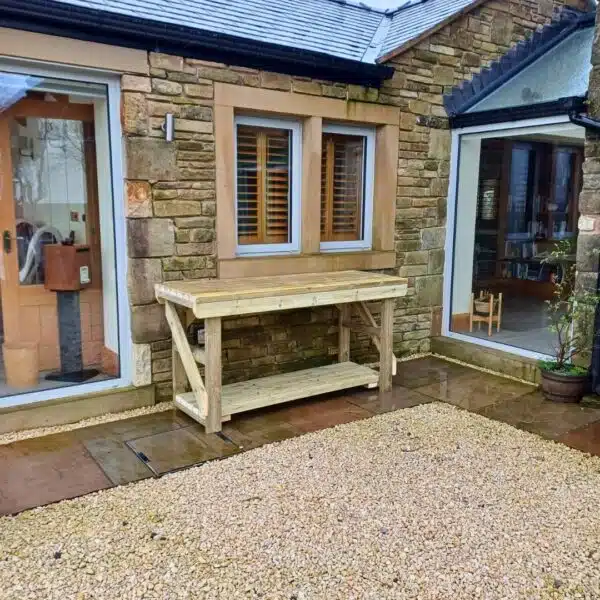 Wooden workbench placed outside