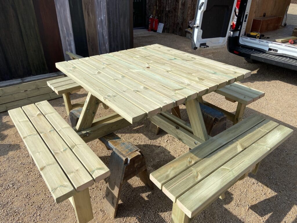 Close-up of square picnic table used at Twycross Zoo