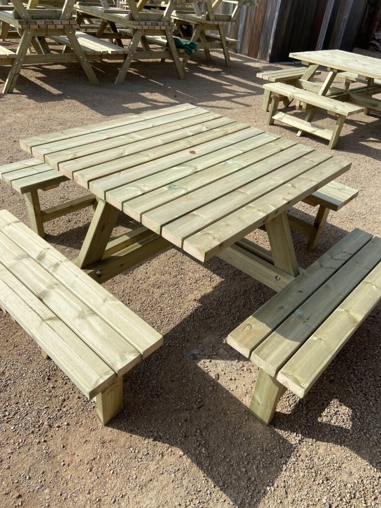 Close-up of square picnic table used at Twycross Zoo 2