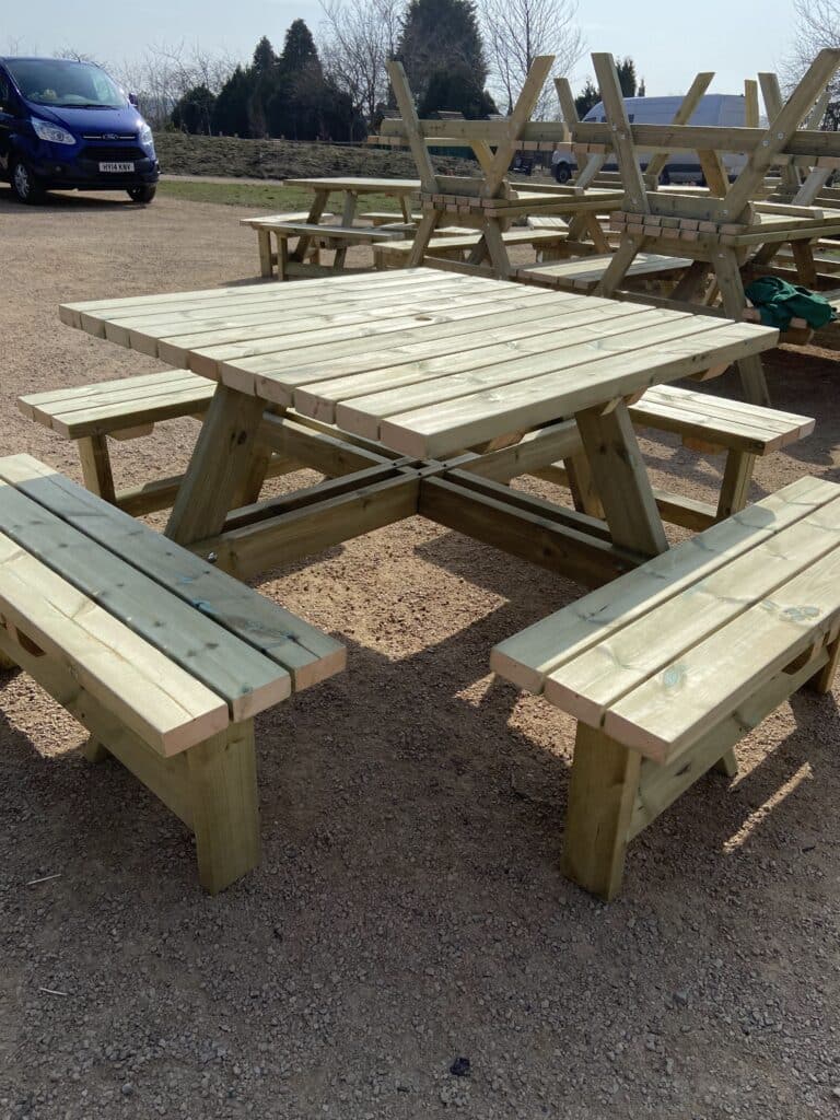 Square picnic table being used at Twycross Zoo 2