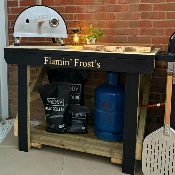 Custom wooden workbench with hardwoord ply worktop painted black with personalised engraving